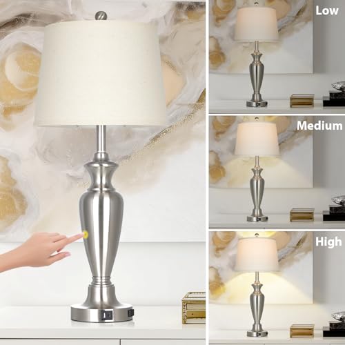 Cinyirong 30" Tall Silver Table Lamp for Living Room, 3-Way Dimmable Touch Control Bedside Lamp for Bedroom Nightstand with USB A+C Ports & AC Outlet (1 Pack) - color: Silver (1 Pack)