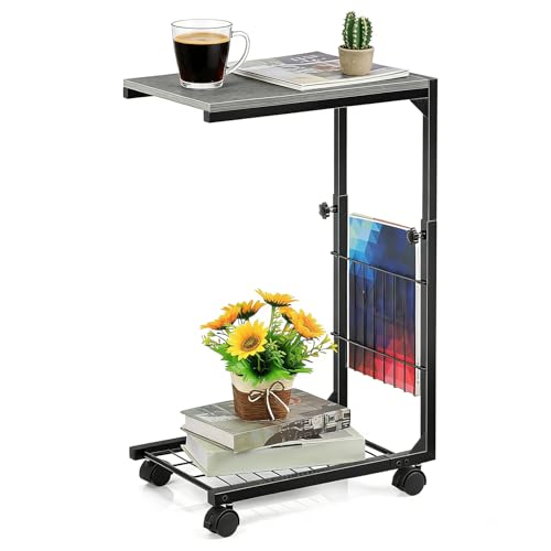 C Shaped End Table Small Couch Side Table with Metal Frame Slide Under Couch Table for Sofa Adjustable Height C Table for Living Room Bedroom Small Spaces, Grey - color: Grey