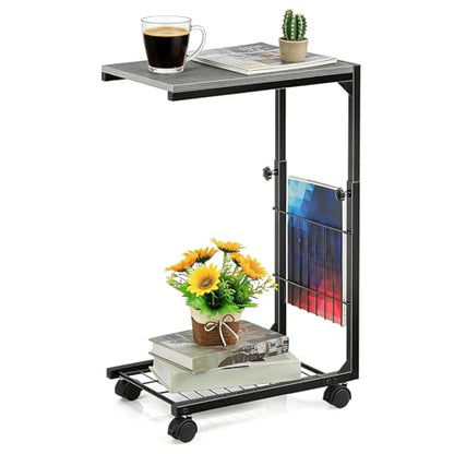 C Shaped End Table Small Couch Side Table with Metal Frame Slide Under Couch Table for Sofa Adjustable Height C Table for Living Room Bedroom Small Spaces, Grey - color: Grey