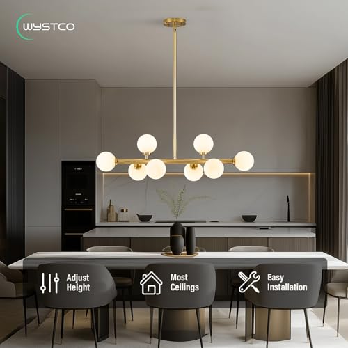 Mid Century Modern Globe Sputnik Chandelier, 8-Light Linear Chandeliers for Dining Room and Kitchen Island, Dining Light Fixture Over Table, Brass Gold and Milk White Glass Bubble, 32 Inch - color: Gold Milk White, size: 8-Light 32 Inch