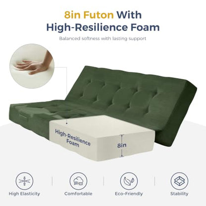 MAXYOYO Foldable Mattress, 8-Inch Tufted Futon Mattress with Handles | Tufted Floor Sofa Bed and Versatile Mattress, Carry Handles for Living Rooms or Guest Rooms, Frame Not Included, Dark Green - color: Dark Green