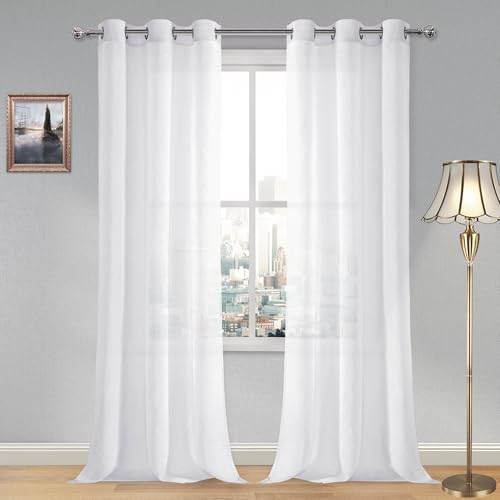DWCN White Sheer Curtains, Grommet Top Faux Linen Look Voile Semi Transparent Solid Window Sheer Curtains Drapes for Bedroom Living Room, Set of 2 Panels 42 x 90 Inch Long, White - color: White, size: 42"W x 90"L (Pack of 2)