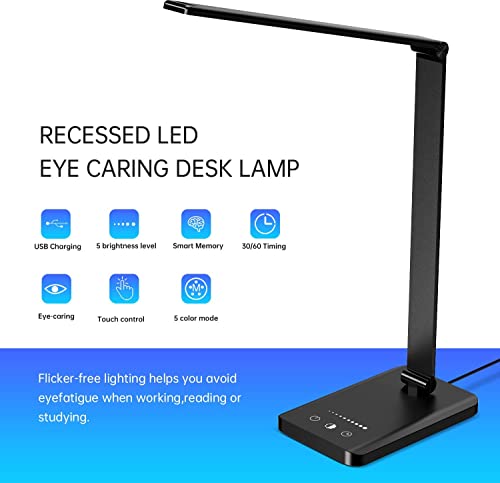 Ambertronix LED Desk Lamp with USB Charging Port, Dimmable Eye-Caring Reading Desk Light for Home, with 5 Brightness Level & 3 Lighting Modes, Touch Control, Auto Timer (Black) - style: Black 1.0