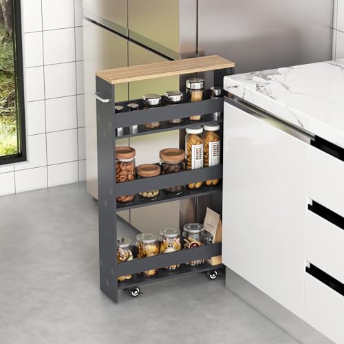 MAT EXPERT Slim Rolling Storage Cart, 4-Tier Freestanding Slim Storage Cart with Wheels 360 Degree & Metal Handle, Wooden Utility Cart for Narrow Kitchen, Laundry Room, Bathroom (Grey + Natural) - color: Grey + Natural