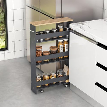 MAT EXPERT Slim Rolling Storage Cart, 4-Tier Freestanding Slim Storage Cart with Wheels 360 Degree & Metal Handle, Wooden Utility Cart for Narrow Kitchen, Laundry Room, Bathroom (Grey + Natural) - color: Grey + Natural