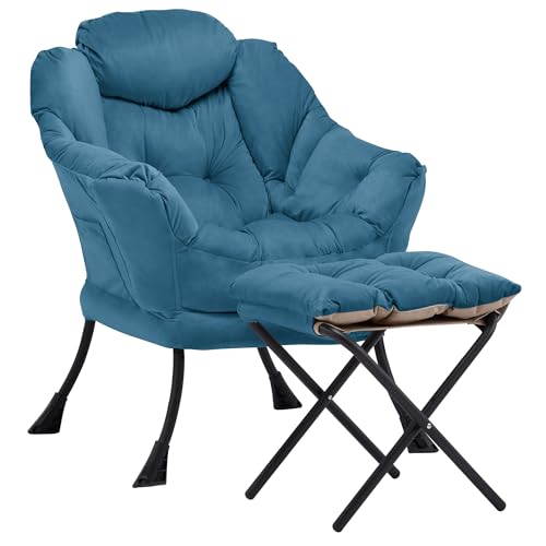 Lazy Chair with Ottoman, Comfy Reading Chair, Blue | Cushioned Seat with Foldable Ottoman and Side Pocket, Lounge Chair for Bedroom, Living Room, Dorm and Small Spaces - color: Blue
