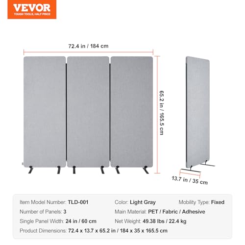 VEVOR 2FT Room Divider, 3 Panel PET Polyester Soundproof Room Screen, Folding Privacy Divider Portable Partition Divider for Room Separation, Freestanding Room Partitions for Office Study, Grey