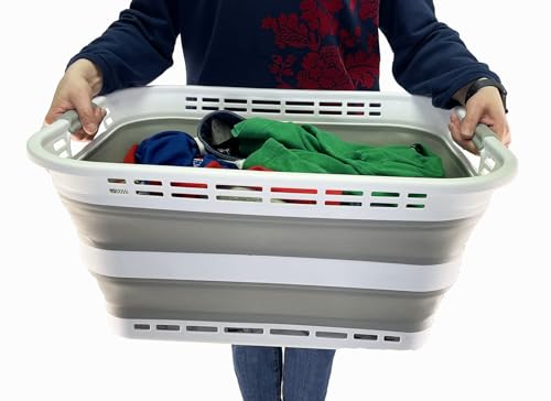 SAMMART 42L (11 Gallons) Collapsible Plastic Laundry Basket - Foldable Pop Up Storage Container/Organizer - Portable Washing Tub - Space Saving Hamper/Basket [BPA Free] (White/Grey) - color: White/Grey