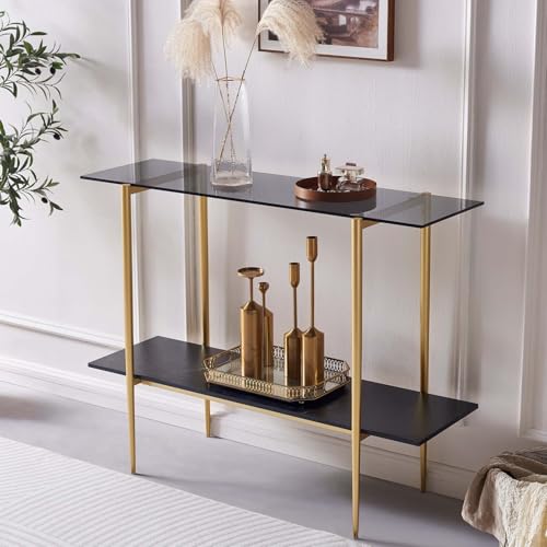 LumFurn Glass Console Table for Living Room, Foyer & Entrance, 2-Tiers Mid-Century Modern Sofa Table with Grey Glass Top, Black Marble Finish Wood Shelf and Gold Finish Frame - color: Grey & Black Marble