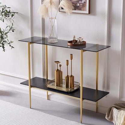 LumFurn Glass Console Table for Living Room, Foyer & Entrance, 2-Tiers Mid-Century Modern Sofa Table with Grey Glass Top, Black Marble Finish Wood Shelf and Gold Finish Frame - color: Grey & Black Marble