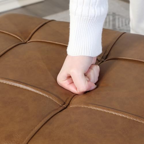 Storage Ottoman Bench, 32 Inches Faux Leather Rectangle Tufted Foot Stool for End Foot of Bed, Bedroom, Living Room,Warm Golden Brown - color: Warm Golden Brown