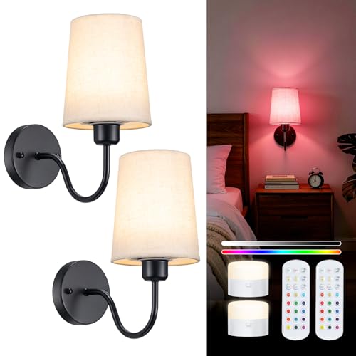 Battery Operated Wall Sconce Set of 2, Rechargeable Wall Sconces with 10000mAh Dimming Magnetic Bulb, Wireless Battery Powered Wall Lights with Pleated for Bedroom Living Room Gallery Hallway,Black - color: Black01-white