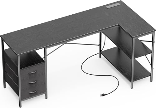 Huuger L Shaped Office Desk with Power Outlets & 3 Drawers | 63 Inch Reversible Computer Desk with Shelves, Home Office Table for Corner Work Study Writing Gaming, Black - color: Black, size: 63inch
