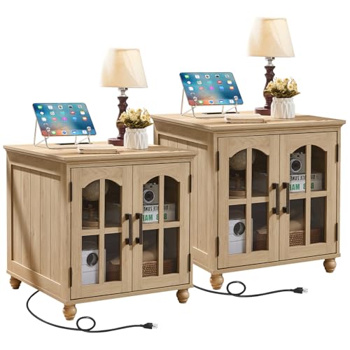 RWYHG Farmhouse 24" End Table Set 2 with Charger, Glass Barn Door, Natural | USB Ports, Solid Wood Legs, Adjustable Storage Shelf, Square Bedside Table for Living Room,Bedroom - color: Natural Wood, size: Set 2