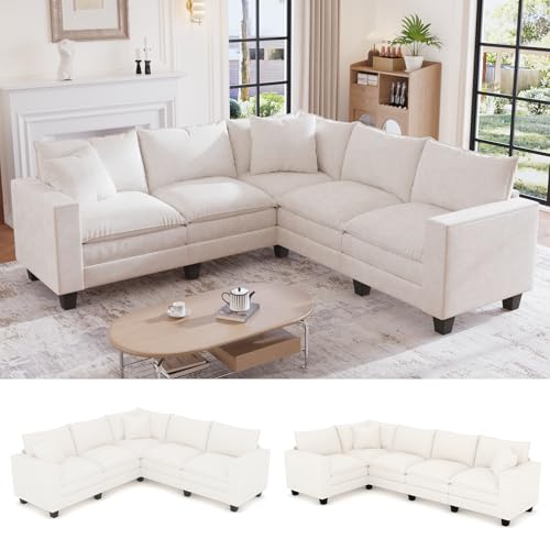 97" L Shaped Sectional Couch, Comfy Chenille Cloud Couch, 5 Seat Modular Cloud Sofa with 2 Pillows & Storage Armrests, Convertible V Shaped Corner Couch, Sectional Couches for Living Room, Beige - color: Beige Chenille, size: 97" V Shaped