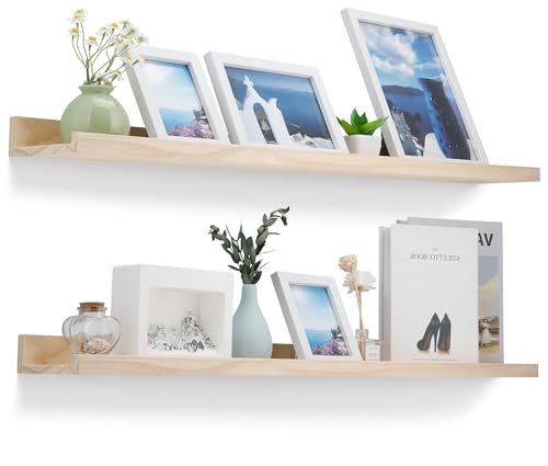 MBYD 48 Inch Natural Pine Wood Floating Shelves, 5.1 Inch Wide Picture Ledge Set of 2, Wall Mount Unfinished Can be Stained Nursery Book Shelves for Kids Bedroom Living Room Bathroom Kitchen - color: Natural, size: Set of 2 48in