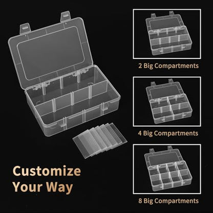 QUEFE Bead Organizer Box 2 Pack 8 Grid Plastic Tackle Box Storage Dividers | Plastic Organizer, Removable Dividers, for Candies Snacks Electronics Jewelry and Small Parts, Drawer and Craft Storage - size: 2pcs