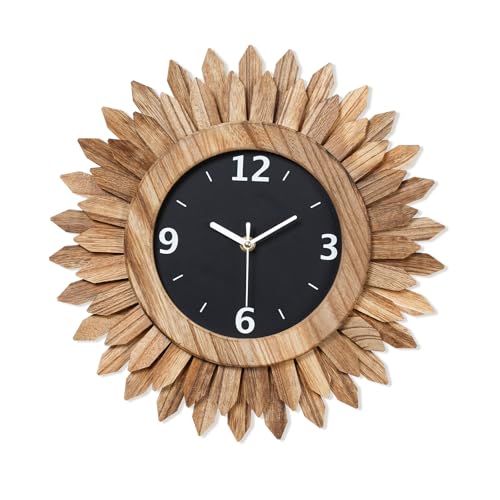 14 Inch Wall Clock, Rustic Wood Boho Sunburst Decorative Wall Clocks Battery Operated Silent Non Ticking Farmhouse Small Wall Clocks for Living Room Kitchen Bedroom Home Decor (Rustic Brown) - color: Rustic Brown, size: 14 inch