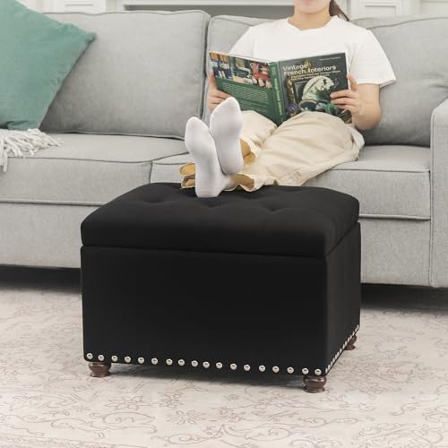 Storage Ottoman Bench, Rectangle 24″ Linen Foot Rest Stool Square Footstool for Living Room, Bedroom, Black - color: Line Black