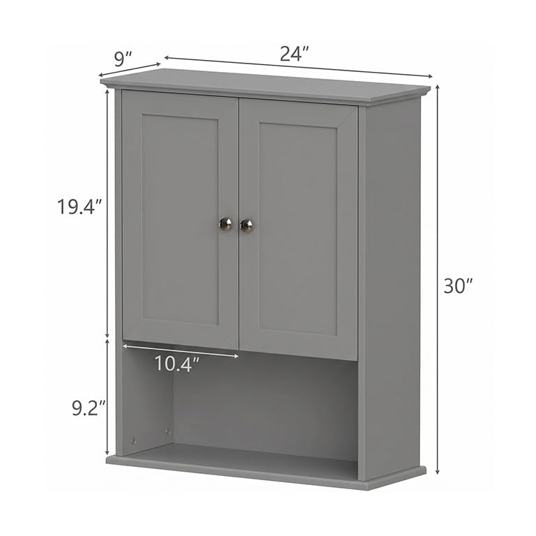 Medicine Cabinet, Over The Toilet Storage Cabinet, 24x30 Inch Wall Mount Bathroom Storage Cabinet with 2 Doors & Adjustable Shelf, Wooden Bathroom Wall Cabinet, Grey - color: Grey