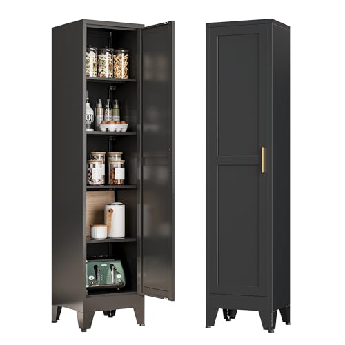 Bevivog Tall Narrow Storage Cabinet, 67" Single Door Metal Storage Locker Cabinet, Freestanding Tall Kitchen Pantry Cabinets for Small Space - color: Black, size: 67"H-1 door