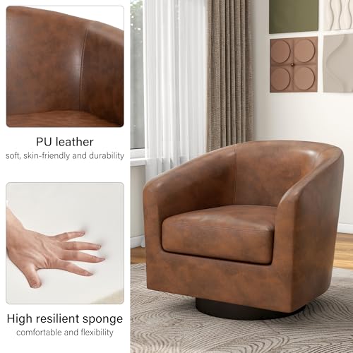 Swivel Barrel Accent Chair, Comfy Reading Armchair, Coffee, Set of 1 | Club Chairs for Adults, Low-Back Design, Modern Round Style, Solid Wood Frame & Metal Swivel Base, For Living Room & Bedroom - color: Coffee