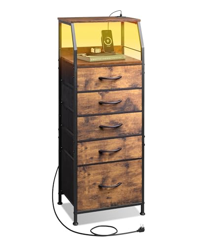 WLIVE LED Nightstand with Charging Station, Fabric Dresser with 5 Drawers for Bedroom, Tall Night Stand with Open Shelves, Bed Side Tables Living Room, Rustic Brown - color: Rustic Brown Wood Grain Print, size: 5 Drawers