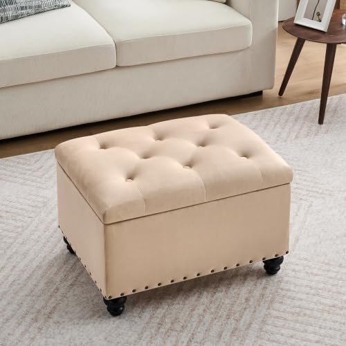 Zihanhome Velvet Storage Ottoman Bench, Button Tufted Ottoman with Hidden Storage, Upholstered Foot Rest Stool with Solid Wood Legs for Living Room, Bedroom, Entryway & Small Spaces (Khaki) - color: Velvet-khaki