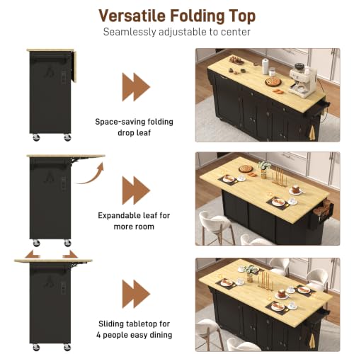 67" Large Movable Kitchen Island w/Sliding Drop Leaf,Power Outlet, Kitchen Rolling Island Cart w/ 2 Drawers, Island Table on Wheels w/Trash Storage Cabinet,Spice Rack, Towel Bar,Garage Hook, Black - color: Black, size: 17.7"D x 66.9"W x 35.8"H