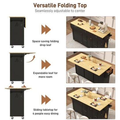 67" Large Movable Kitchen Island w/Sliding Drop Leaf,Power Outlet, Kitchen Rolling Island Cart w/ 2 Drawers, Island Table on Wheels w/Trash Storage Cabinet,Spice Rack, Towel Bar,Garage Hook, Black - color: Black, size: 17.7"D x 66.9"W x 35.8"H
