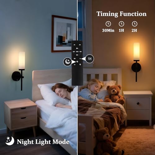 Shenmoyl Battery Operated Wall Sconces Set of 2, Black Rechargeable Wall Lighting Fixtures, Dimmable Wall Lights with Remote & Opal Glass Shade for Living Room, Bathroom,Bedroom - color: Black - Opal Glass