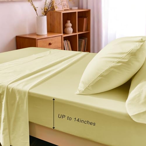 Full Sheet Sets, Cotton Blended Breathable Bed Sheets 4 Piece, Deep Pocket Up to 14", 1 Fitted Sheet, 1 Flat Sheet and 2 Pillowcases (Yellow, Full) - color: Yellow-4pcs Sheet Set, size: Full