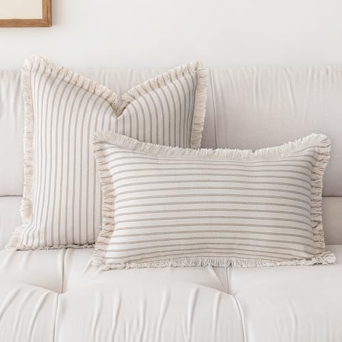 YEENAASY Throw Pillow Covers 18x18 Boho Striped Pillow Cases with Tassel | Set of 2 Fringe Pillow Cover Farmhouse Cushion Covers Neutral Pillows Decorative Square Pillowcase for Couch Sofa Bed, Khaki - color: Khaki, size: 18" x 18" (Pack of 2)