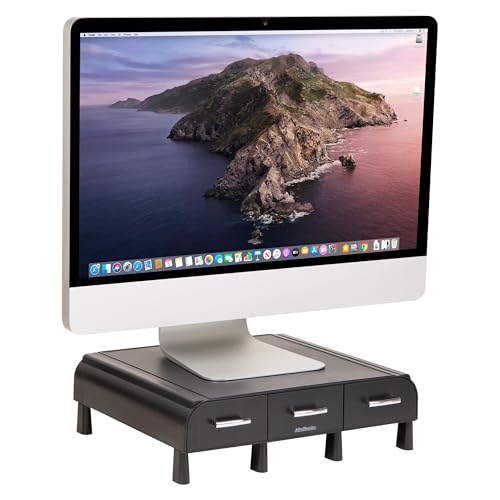 Mind Reader Monitor Stand, Laptop Riser, Desktop Organizer, Storage Drawer, Office, Plastic, 13.5"L x 13"W x 4"H, Black - size: 1 Pack