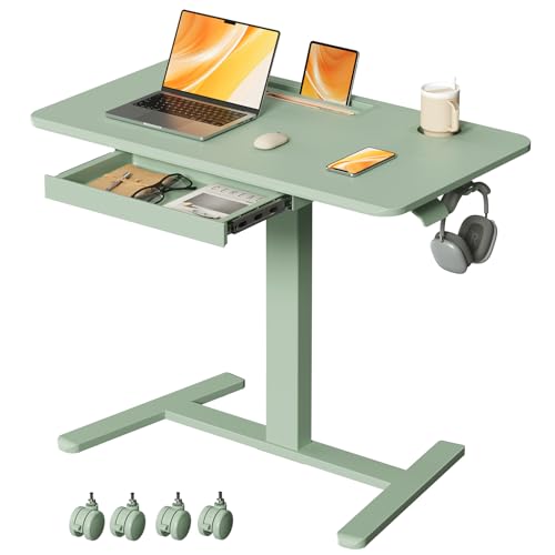 Mobile Standing Desk with Drawer, 35"×20" Small Laptop Desk | Portable Workstation with Cup Holder and Hooks, Height Adjustable Rolling Desk with Wheels, Teacher Classroom Use, Sage Green - color: Green, size: 35"
