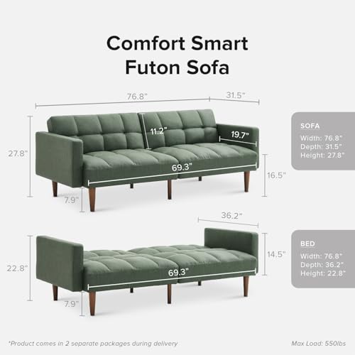 mopio 76.4" Futon Sofa Bed Tufted Styled, Sleeper Couch (Sage Green Faux Leather) - color: Aaron Pu, Sage Green