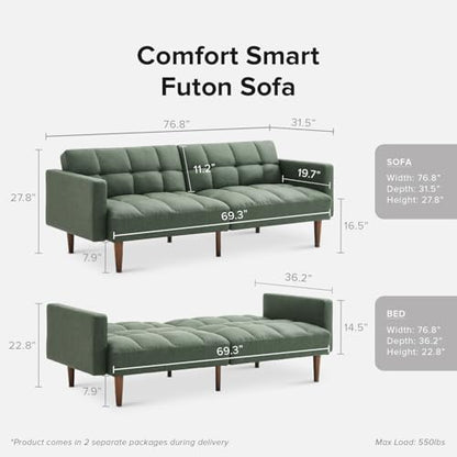 mopio 76.4" Futon Sofa Bed Tufted Styled, Sleeper Couch (Sage Green Faux Leather) - color: Aaron Pu, Sage Green