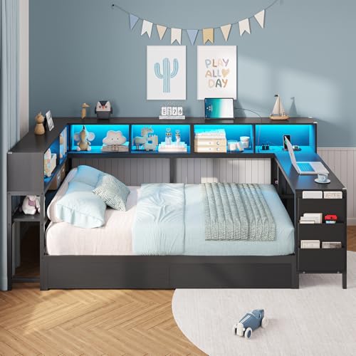 DICTAC Corner Twin Bed Frame with Desk,Charging Station and Bookcase Storage Twin Size Daybed for Kids/Teen with Storage Drawers,Led Lights and Shelves Twin Size Platform Bed Frame with Desk,Black - color: Black, size: Twin