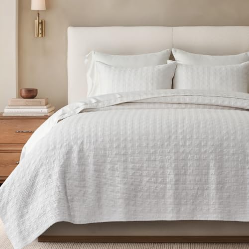 EVERGRACEHOME Cotton Sateen Windowpane Quilt Set Queen Size, Bright White | 100% Cotton, Pre-Washed Soft Coverlet Bedspread, 3-Piece Lightweight Bedding Set for All Season, with 2 Pillow Shams - color: Bright White - Windowpane, size: Full/Queen (96" X 92