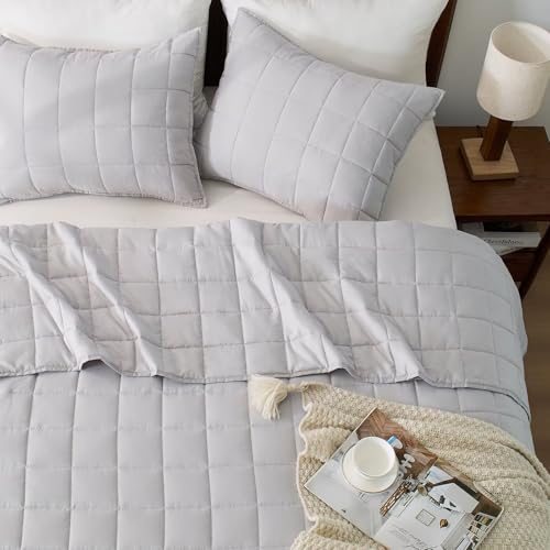 EMME Quilts Queen Size Bedding Sets, Light Grey Bedspread Soft Lightweight Pre-Washed Bed Set, 3 Piece Cozy Reversible Microfiber Bed Coverlet with Pillow Sham(Square Pattern,90"x90") - color: 04-light Grey (Squares Pattern), size: Full/Queen(90" x 90")