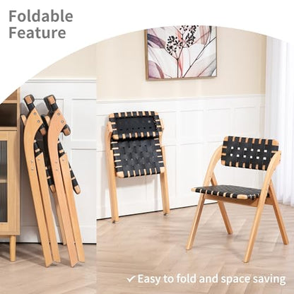 Folding Dining Chairs Set of 2 | Wooden Foldable Chair with Leather-Woven Backrest and Widened Seat Extra for Guests Kitchen Office Wedding Picnic Black - color: Black With Leather Strap, size: 2PCS