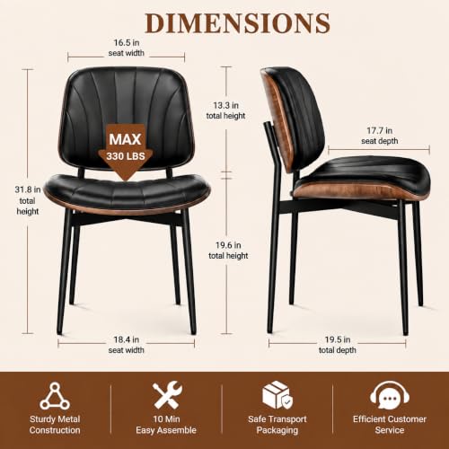 Dining Chairs Set of 2, Mid-Century Modern Upholstered PU Leather Chairs | with Walnut Bentwood Back and Metal Legs Adjustable Feet for Kitchen, Black Shell Strips - color: Black Shell Strips