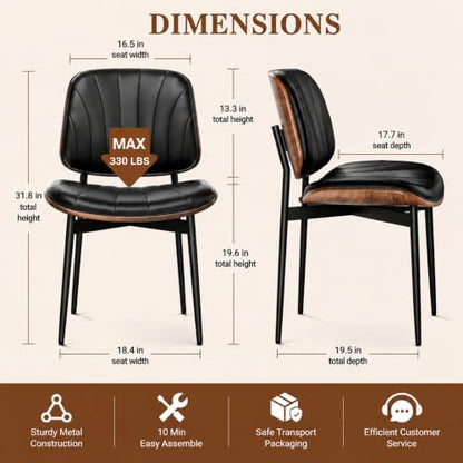 Dining Chairs Set of 2, Mid-Century Modern Upholstered PU Leather Chairs | with Walnut Bentwood Back and Metal Legs Adjustable Feet for Kitchen, Black Shell Strips - color: Black Shell Strips