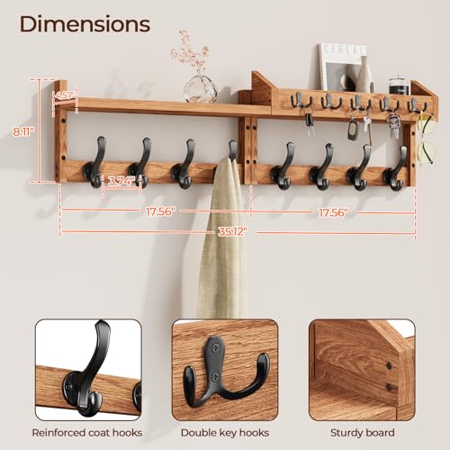 Evermagin 35" Coat Rack Wall Mount with Shelf & 13 Hooks, Entryway, Brown | Wooden Wall Mounted Coat and Key Rack with Hooks, Key Hanger with Mail Holder for Living Room, Mudroom, Bedroom - color: Brown, size: 35 inch