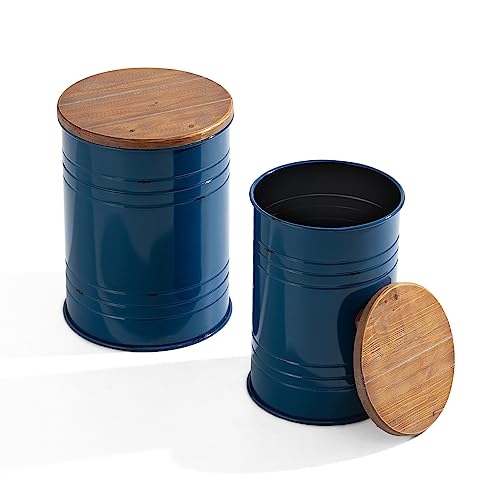 Glitzhome Rustic Storage Ottoman Seat Stool, Farmhouse Nesting End Table, Galvanized Barrel Metal Accent Side Table Toy Box Bin with Round Wood Lid for Living Room, Set of 2, Navy Blue - color: Navy Blue