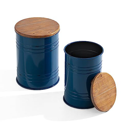 Glitzhome Rustic Storage Ottoman Seat Stool, Farmhouse Nesting End Table, Galvanized Barrel Metal Accent Side Table Toy Box Bin with Round Wood Lid for Living Room, Set of 2, Navy Blue - color: Navy Blue