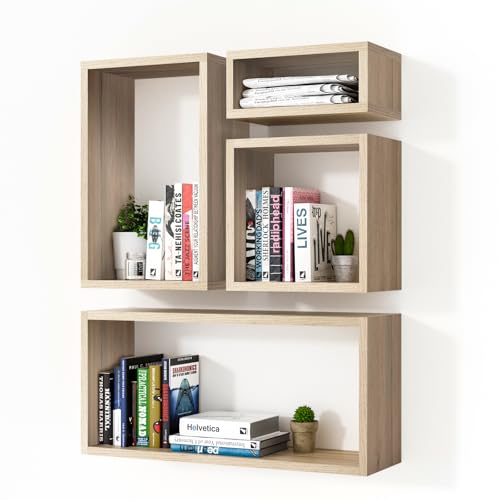 Wall Mount Shelf Set of 4, Floating Cube Shelves for Space Discovery Home and Commercial Use, Large Size Shelves Set, Oak - color: Oak, size: Set4