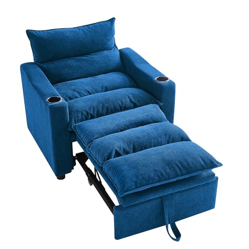 SLEERWAY 3 in 1 Convertible Sleeper Sofa Bed, 36.14" W Easy Pull Out Chair Bed with Dual Cup Holders, Comfy Thick Padding Futon Love Seat with Adjustable Backrest for Living Room Small Space (Blue) - color: Blue, size: 36.14"