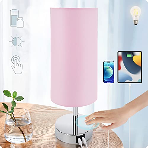 Yarra-Decor Bedside Lamp with USB Port - Touch Control Table Lamp for Bedroom 3 Way Dimmable Nightstand Lamp with Round Pink Fabric Shade for Living Room, Dorm, Home Office (LED Bulb Included) - color: Pink