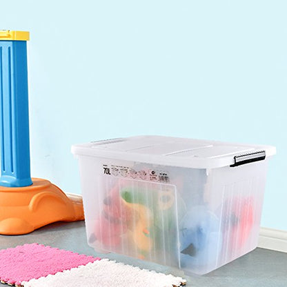 4-Pack 70 L Large Clear Storage Boxes, Plastic Latching Boxes | Extra Large Capacity, Secure Latch Lock Lids, Smooth Rolling Wheels, Multi-Purpose Storage Bin, for Closet Garage Basement - size: 70 L